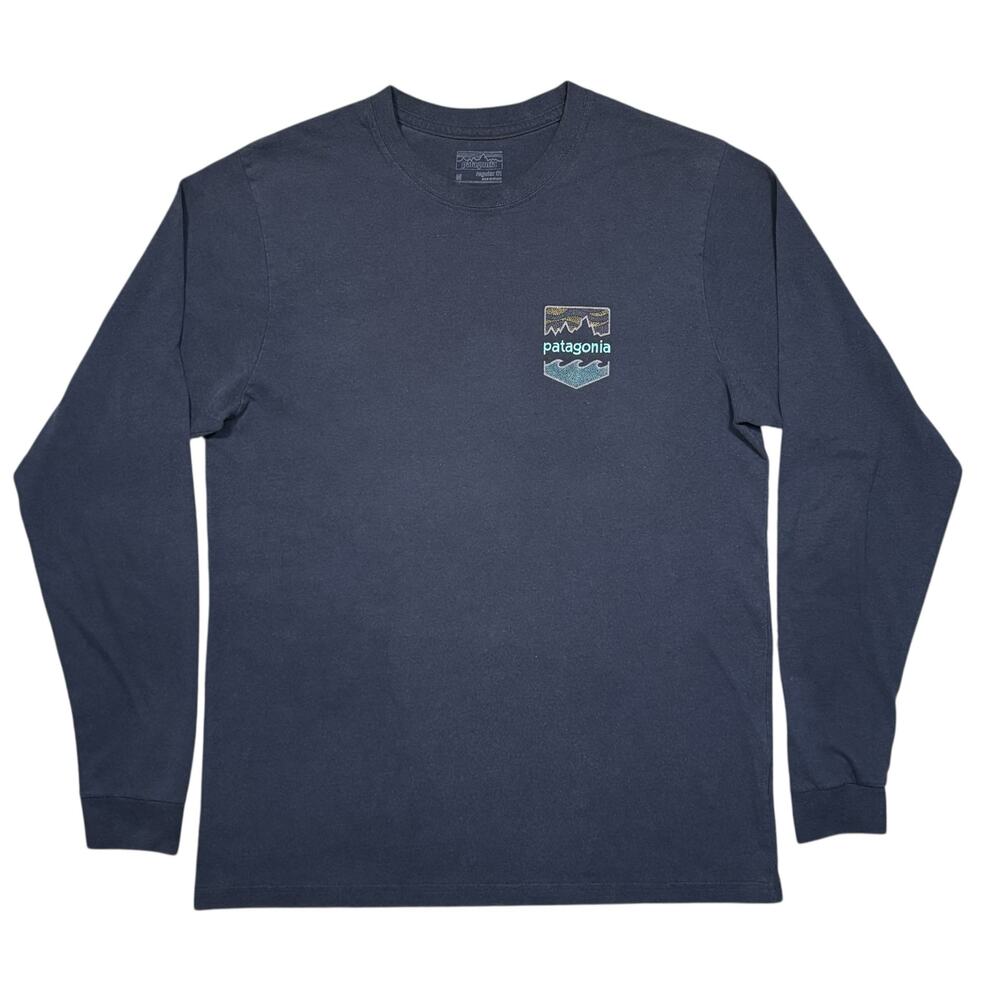 Patagonia Mountains Waves Graphic Print Navy Long Sleeve T-Shirt Mens Medium